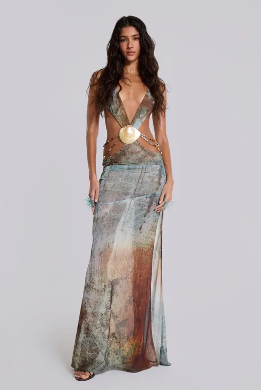 Vida Backless Maxi Dress With Shell Trim in Marine sold by Jaded London