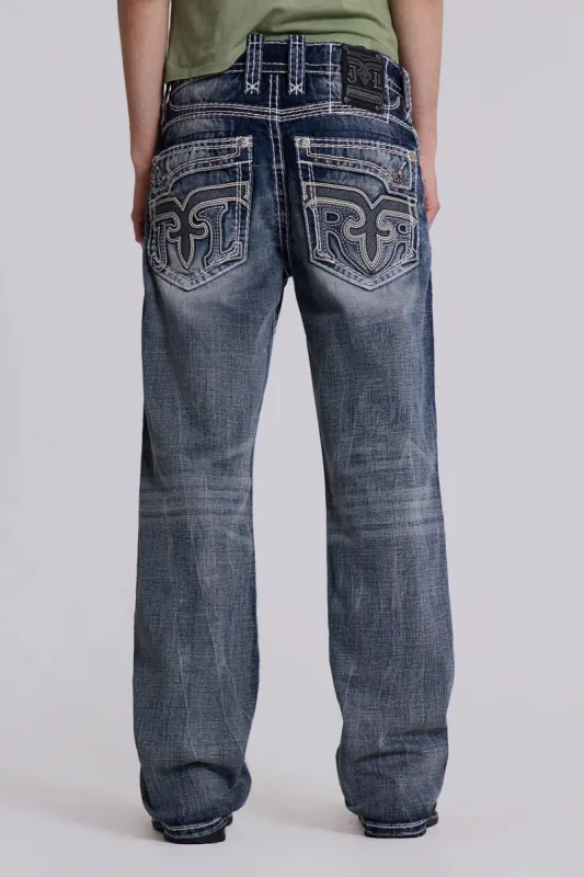 Rock Revival Mid Blue Gwen Flared Jeans sold by Jaded London