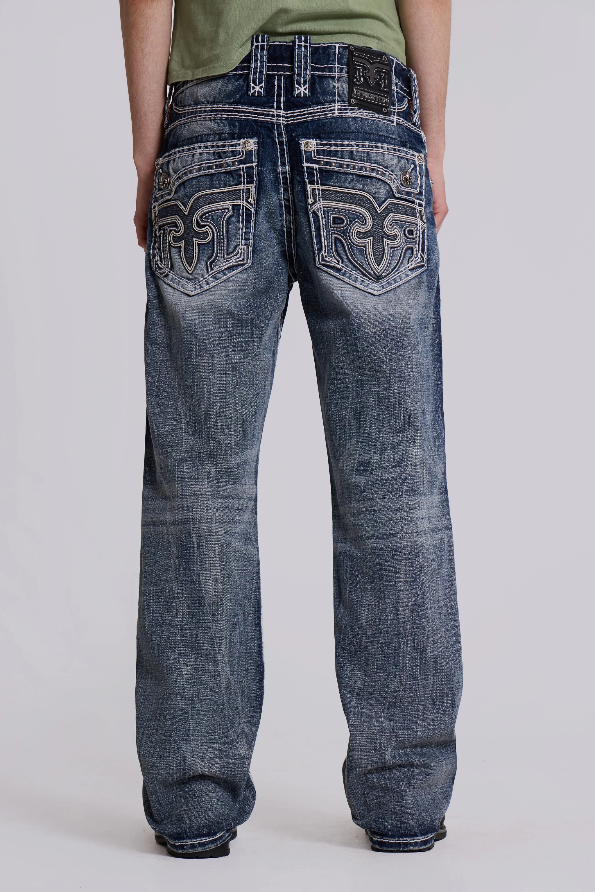 Rock Revival Mid Blue Gwen Flared Jeans sold by Jaded London