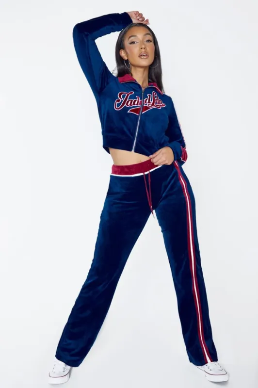 Navy Velour Joggers sold by Jaded London