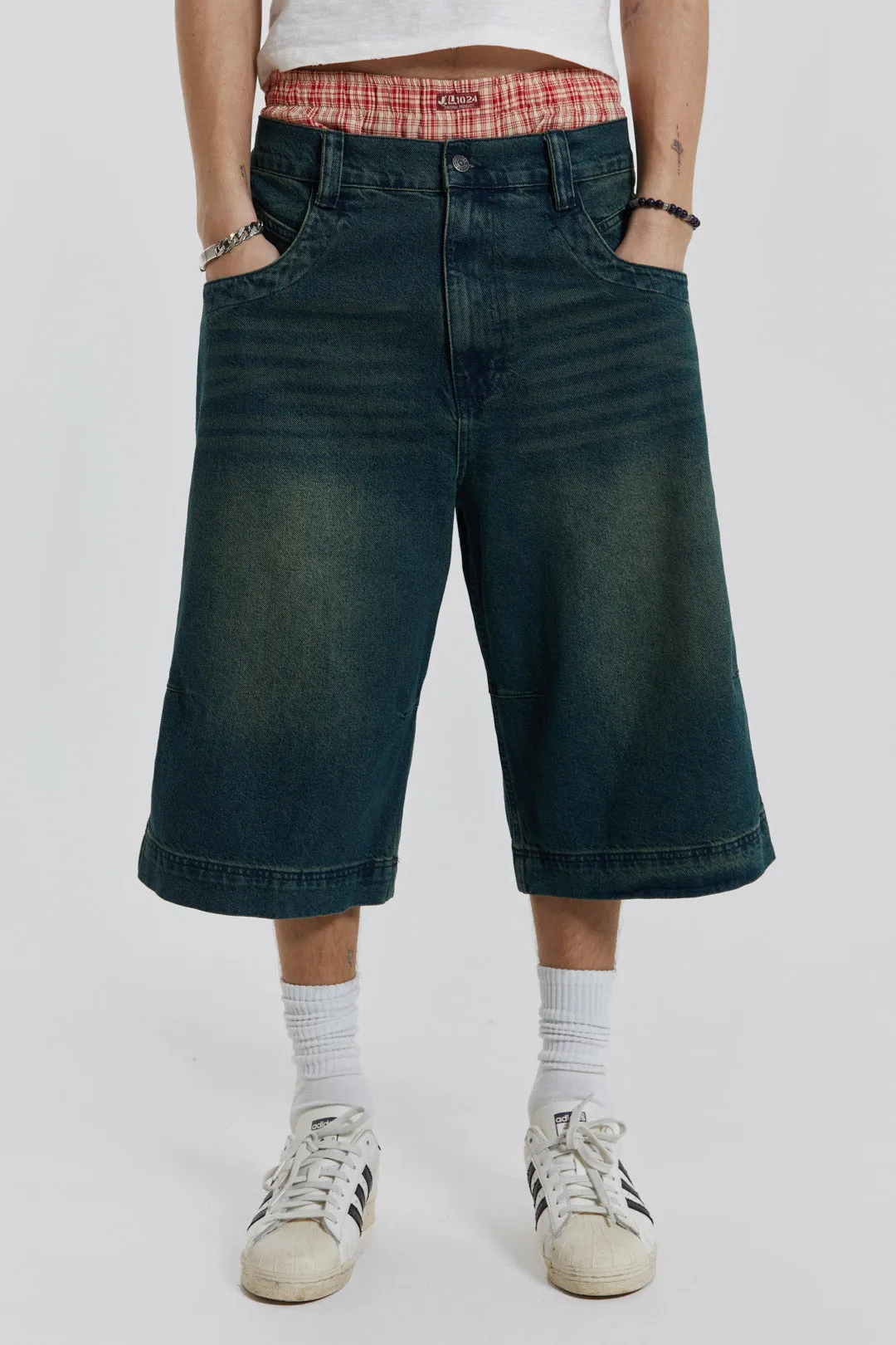 Axle Sandblast Denim Jorts sold by Jaded London