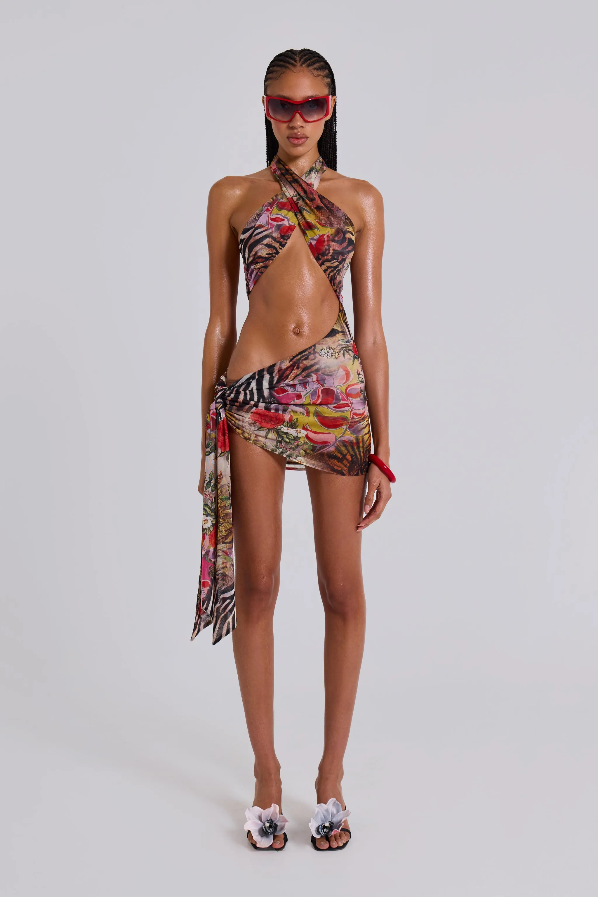 Gina Asymmetric Knotted Mini Dress in Fruiti sold by Jaded London