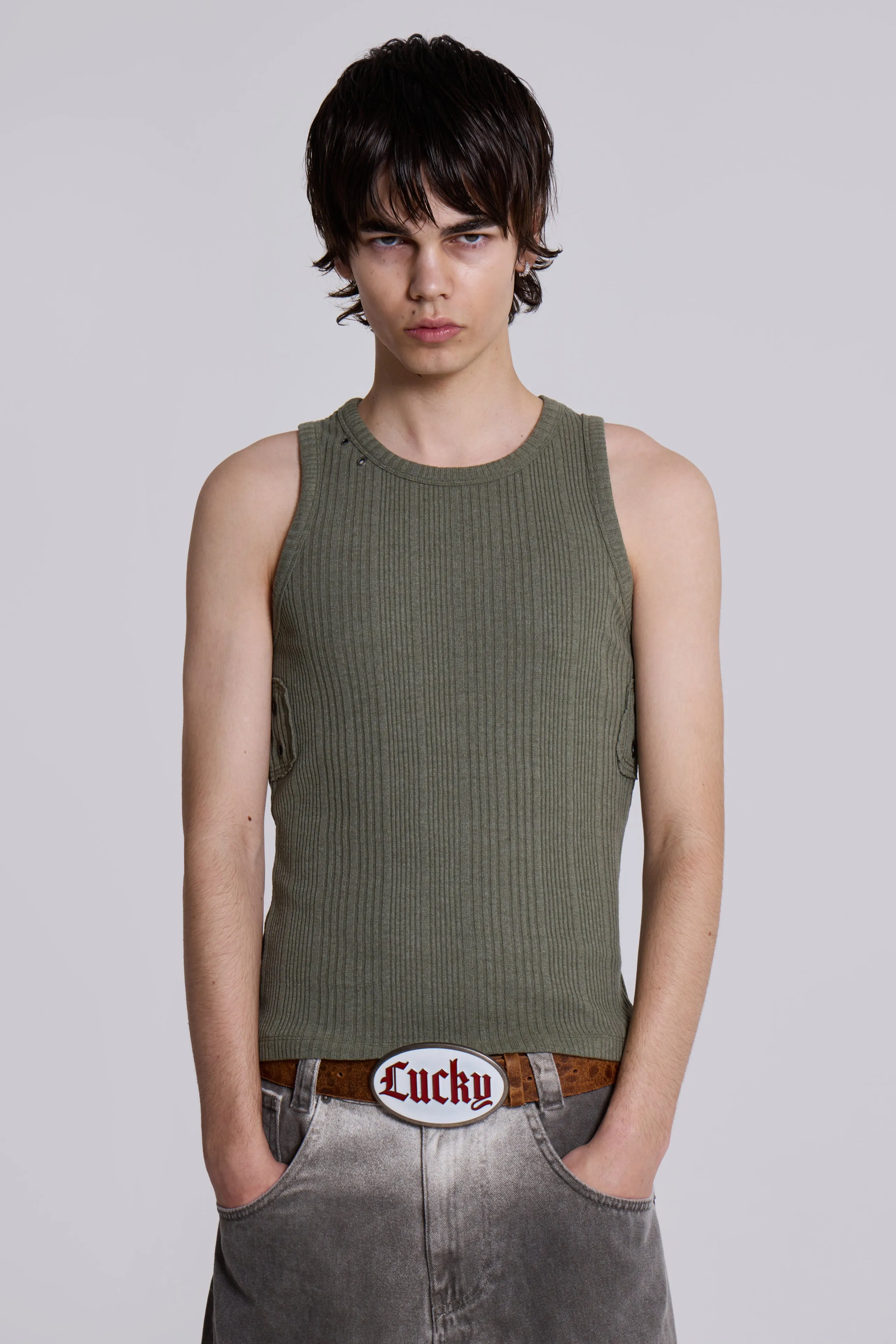 Khaki Hardware Rib Vest sold by Jaded London