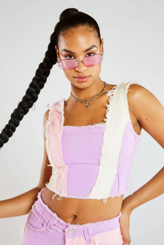 Pastel Patchwork Denim Corset Top sold by Jaded London