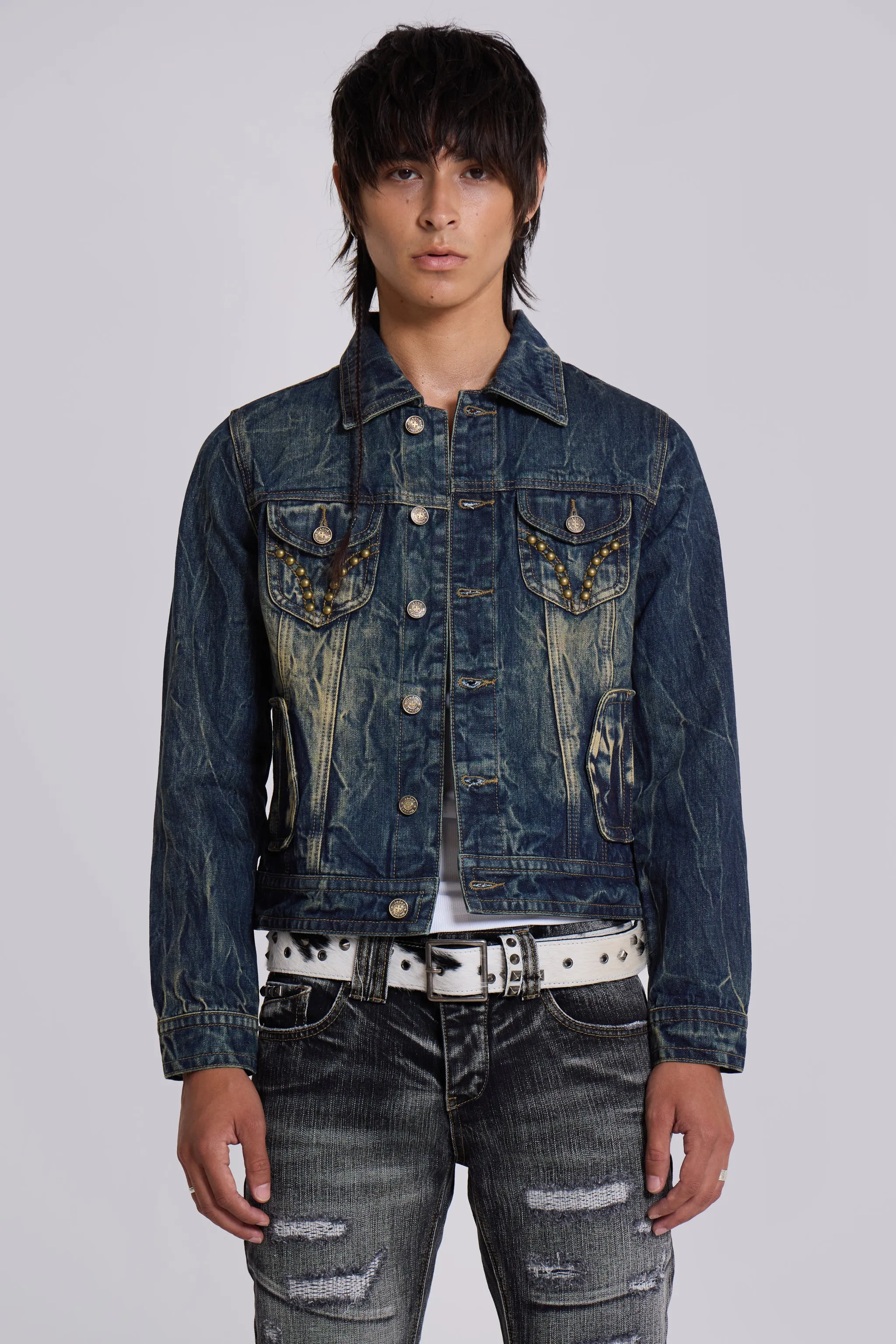 Creased Wash Stud Denim Jacket sold by Jaded London