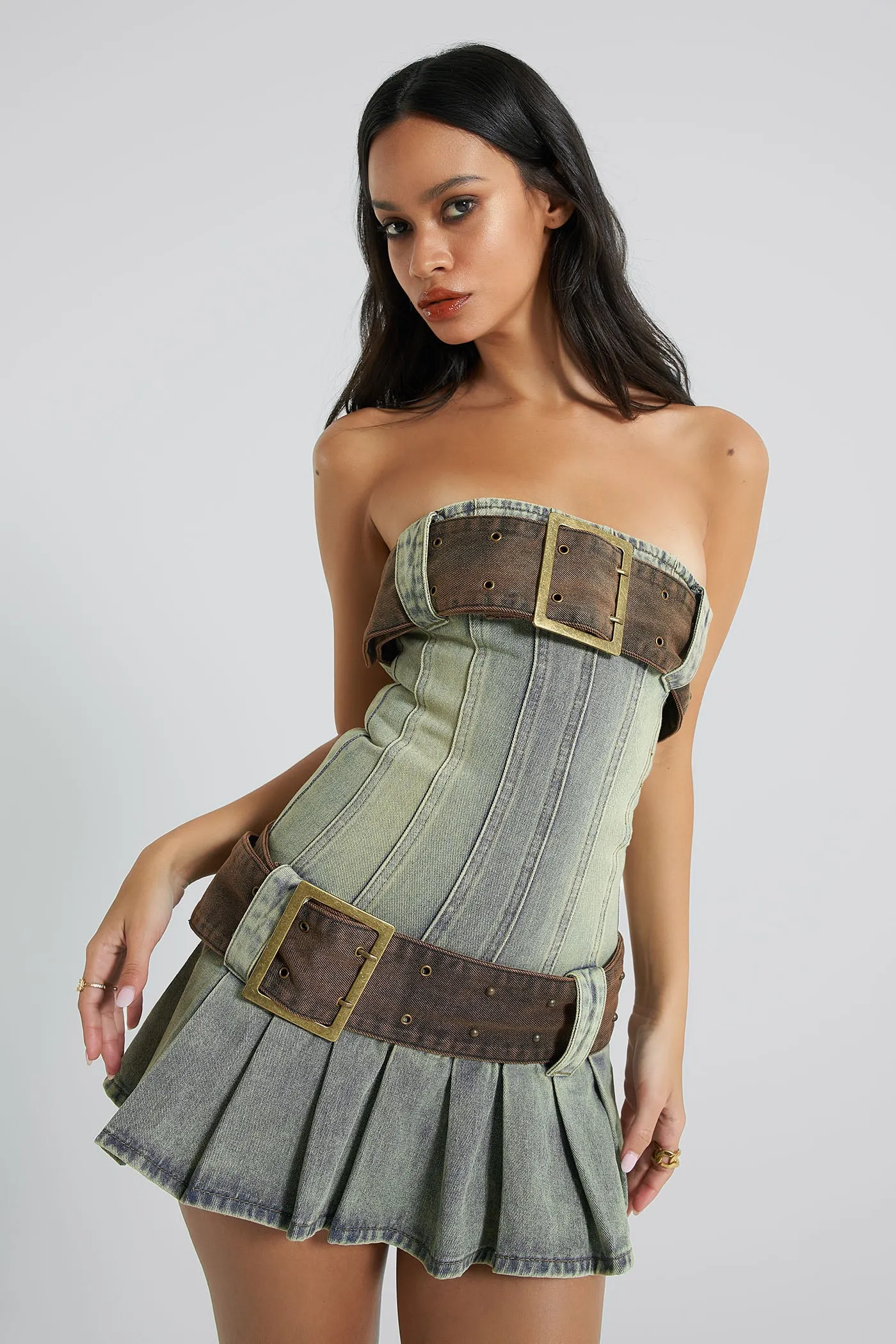 Chelsea Denim Kilt Mini Dress sold by Jaded London
