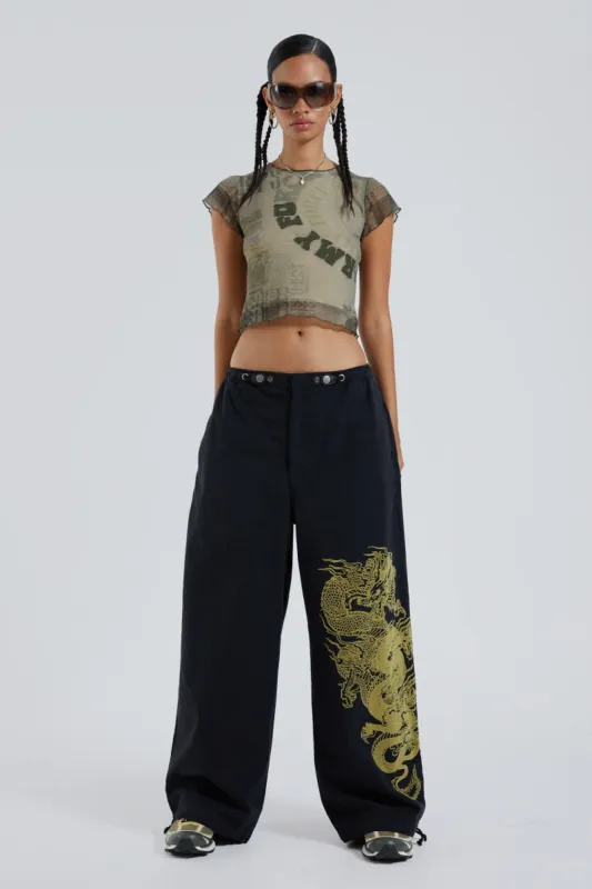 NY Dragon Flock Cargo Pants In Black made by Jaded London