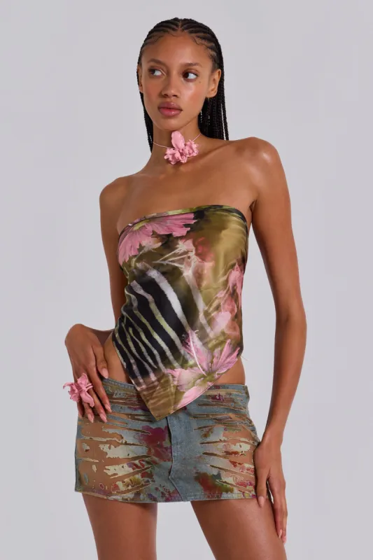 Lucid Burnout Denim Floral Micro Mini Skirt sold by Jaded London