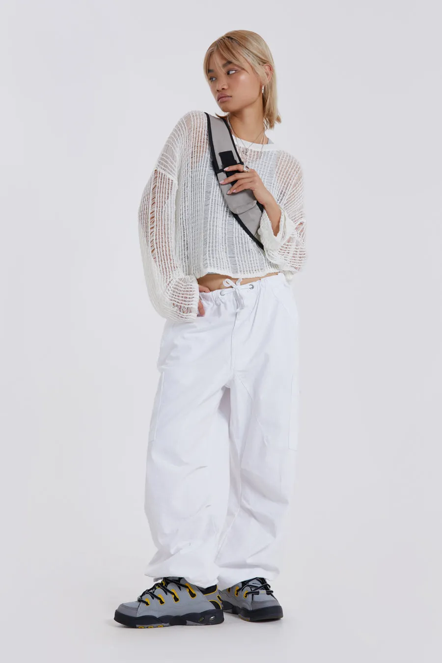 White Parachute Cargo Pants sold by Jaded London