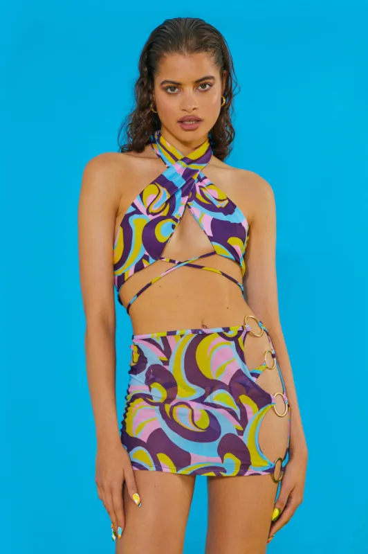 Retro Floral Print Low Rise Mesh Sarong with O Ring Trim sold by Jaded London