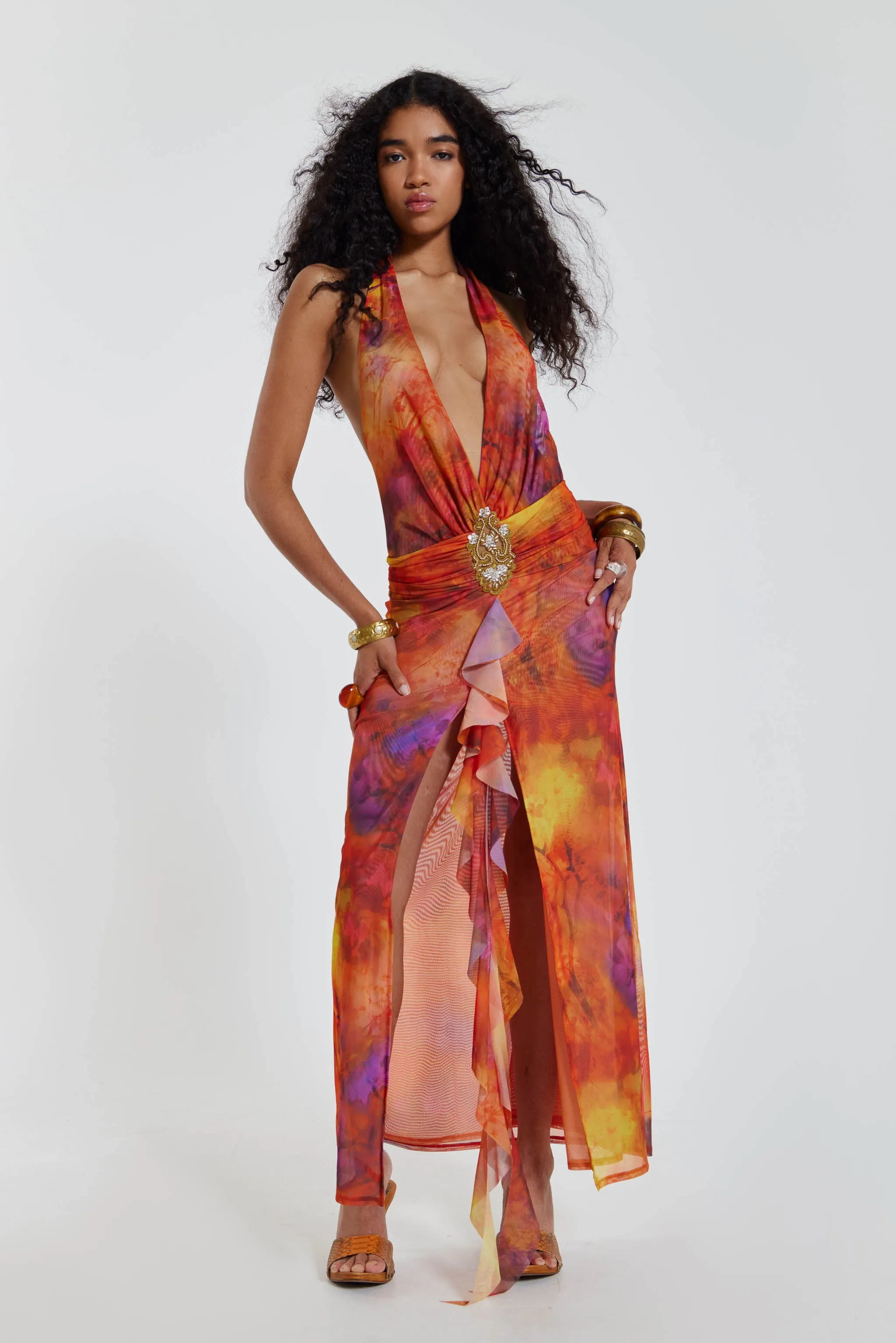 Cindy Plunge Maxi Dress In Orange sold by Jaded London