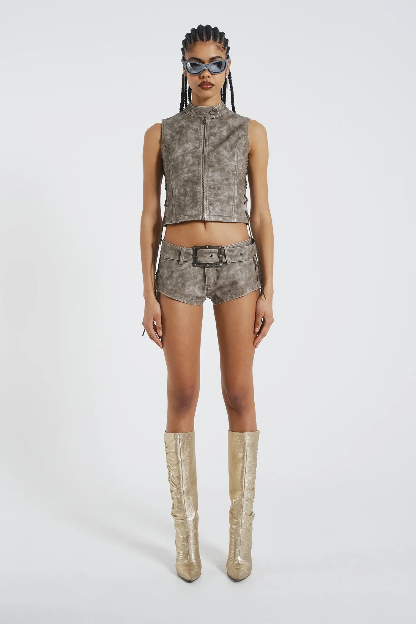 Steel Lace Up Side PU Hot Pants sold by Jaded London