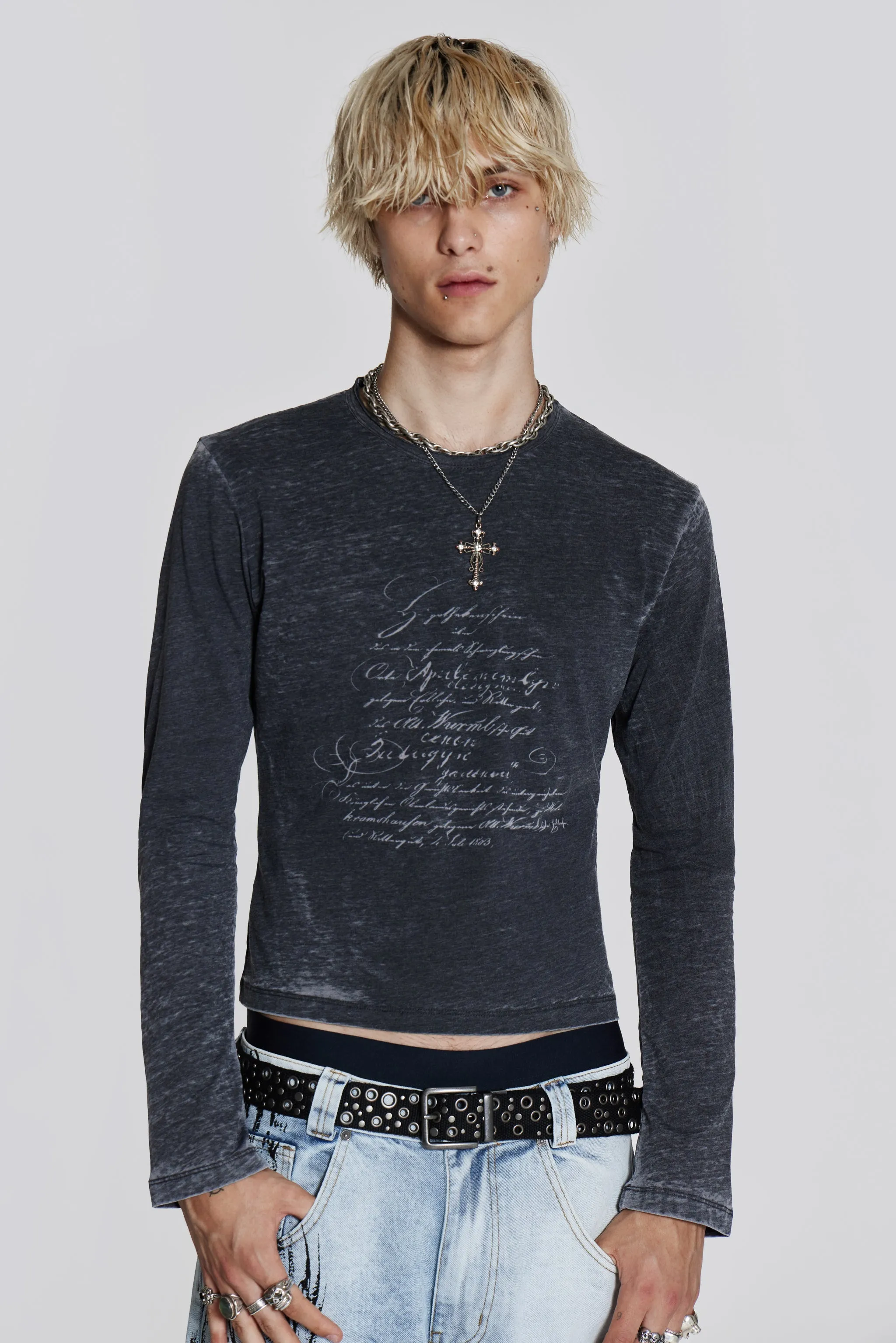Burnout Script Long Sleeve Tee sold by Jaded London