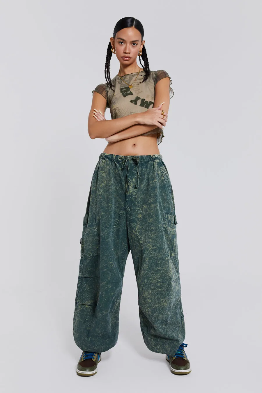 Green Acid Wash Parachute Cargo Pants sold by Jaded London