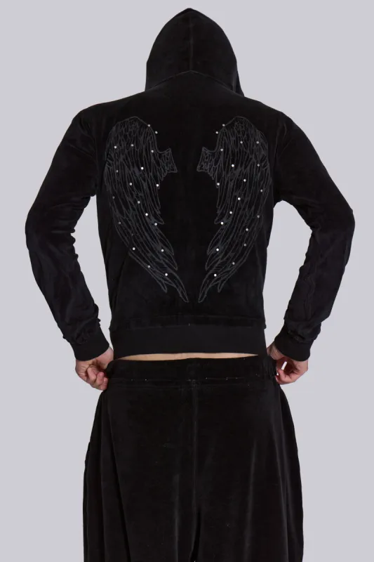 Angel Black Velour Zip Hoodie sold by Jaded London