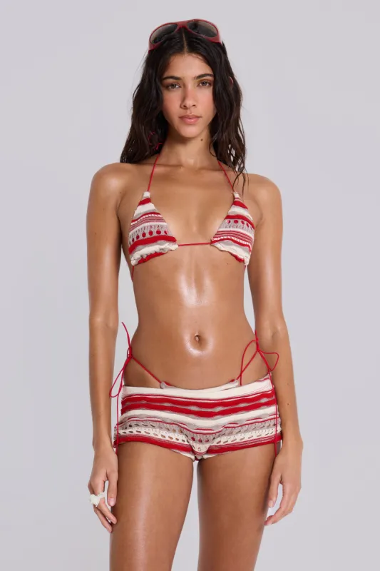 Cata Red Stripe Micro Triangle Ruffle Knit Bikini Top sold by Jaded London