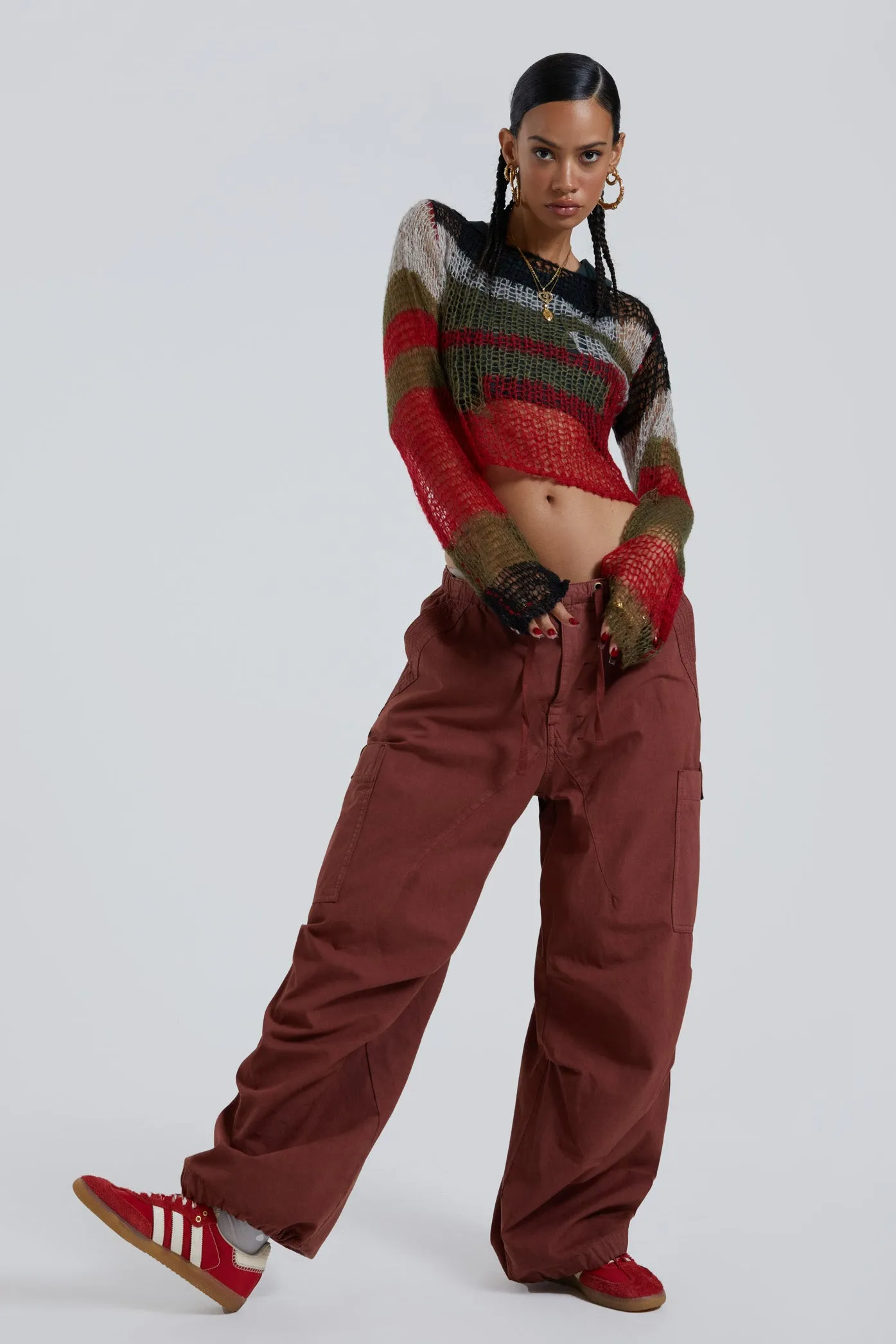 Burgundy Parachute Cargo Pants sold by Jaded London