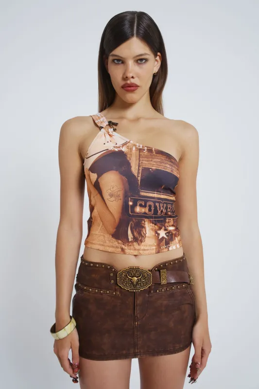Yeehaw One Shoulder Asymmetric Buckle Top sold by Jaded London