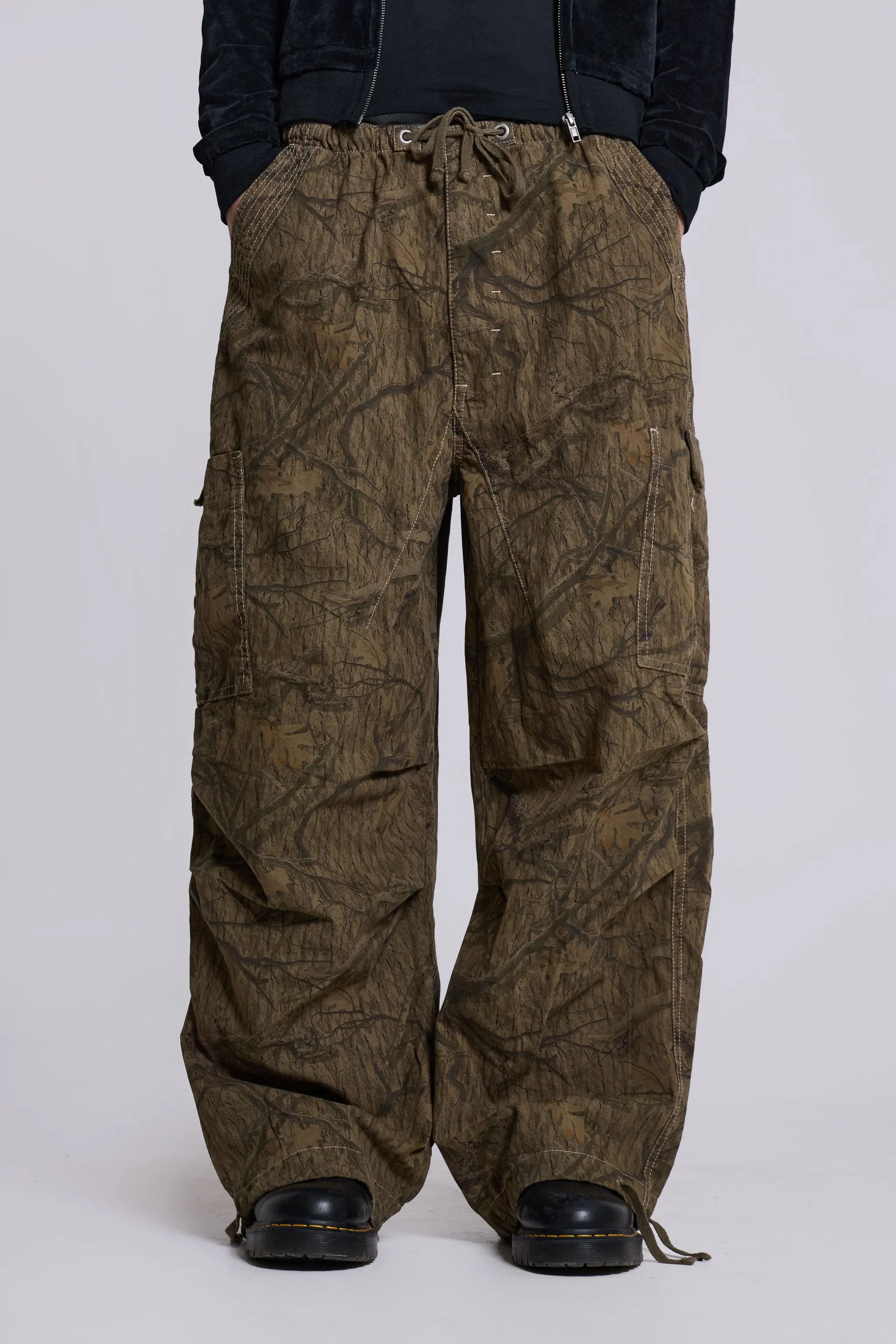 Forest Camo Parachute Pants sold by Jaded London