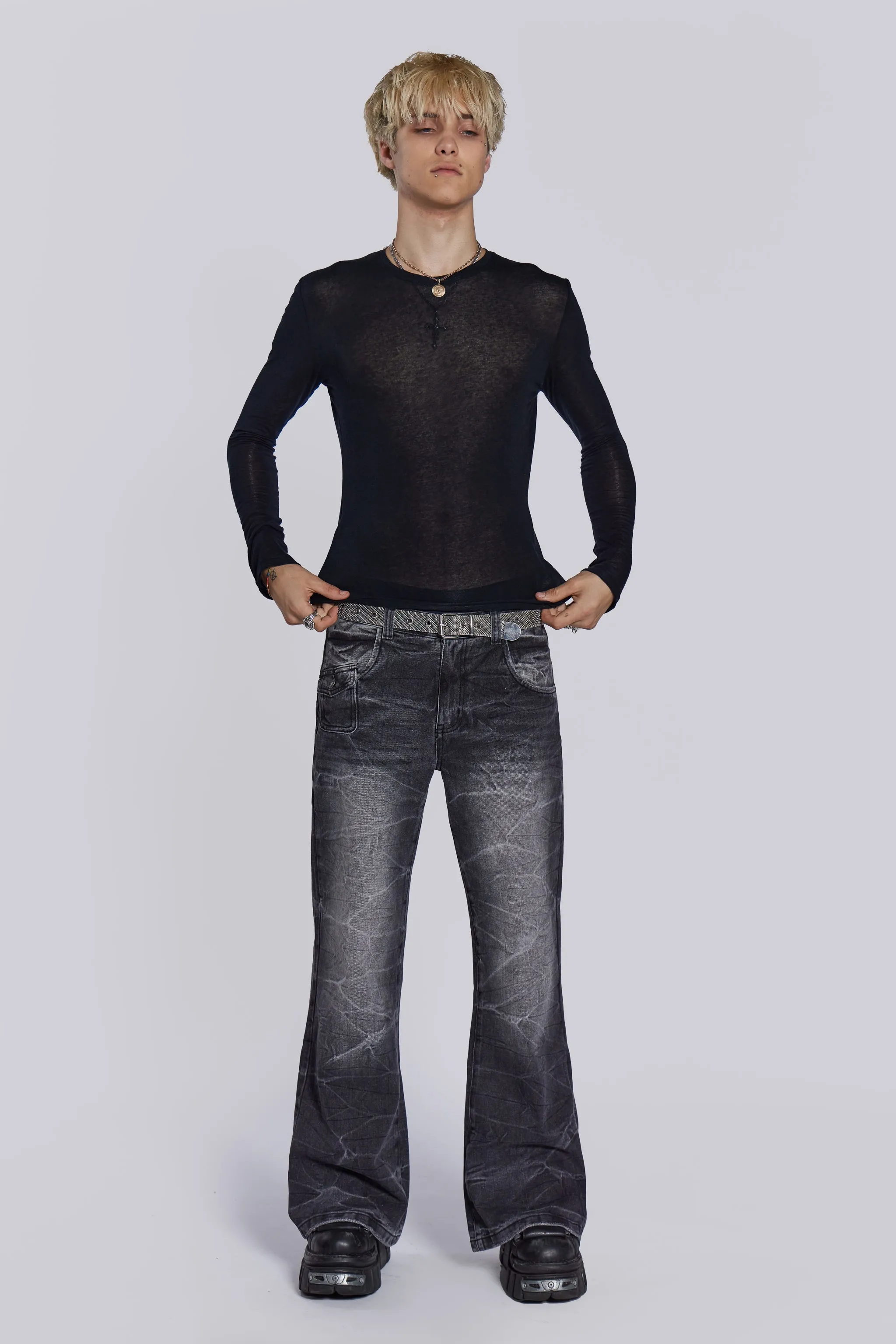 Black Crease Blaze Flared Jeans sold by Jaded London product image thumbnail 2