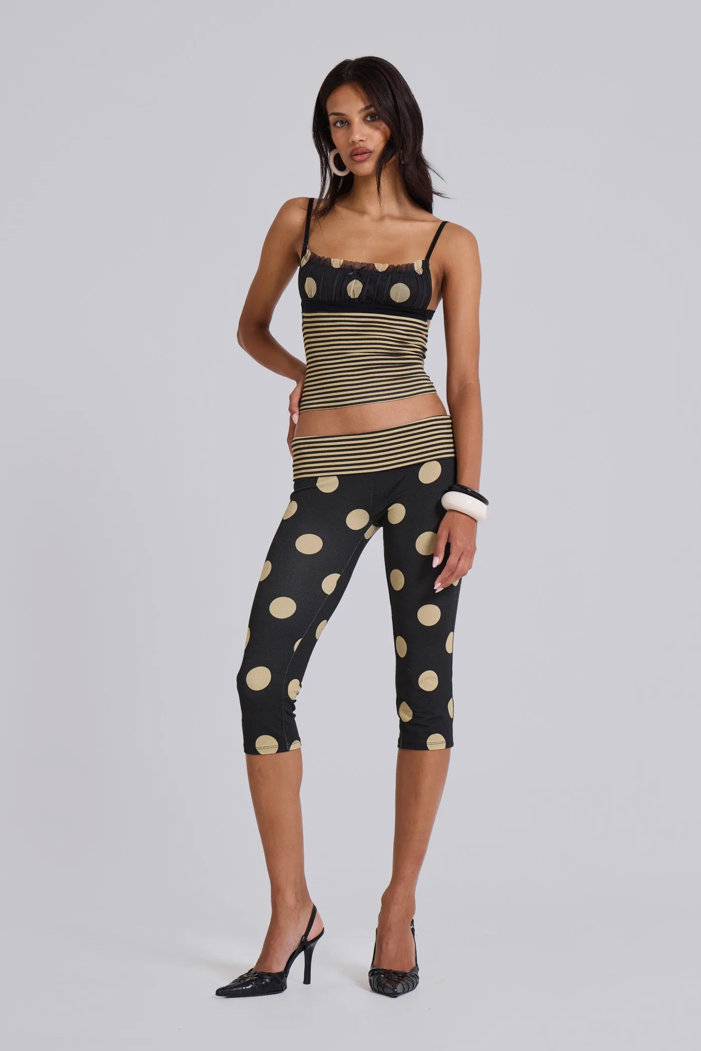 Lola Foldover Capris in Polkadot Stripe sold by Jaded London