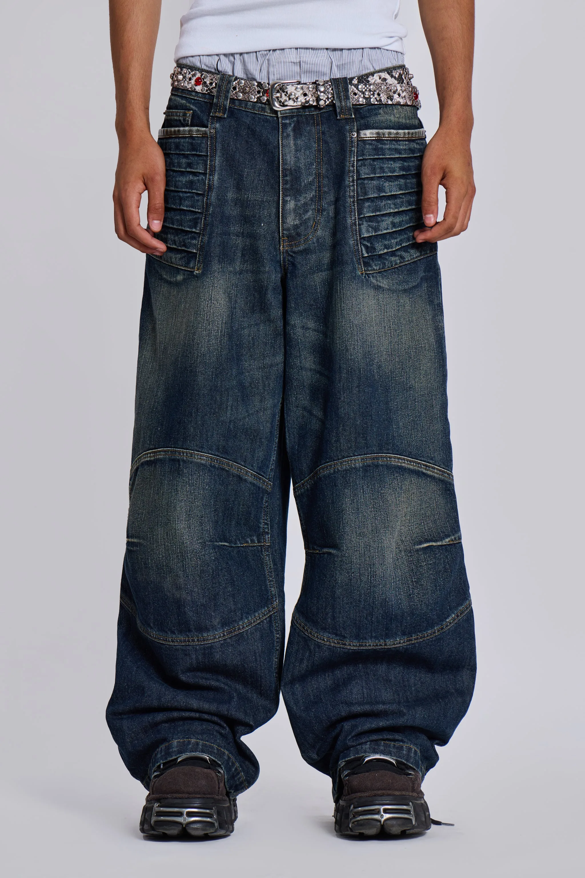 Mid Blue Crash Biker Colossus Jeans sold by Jaded London