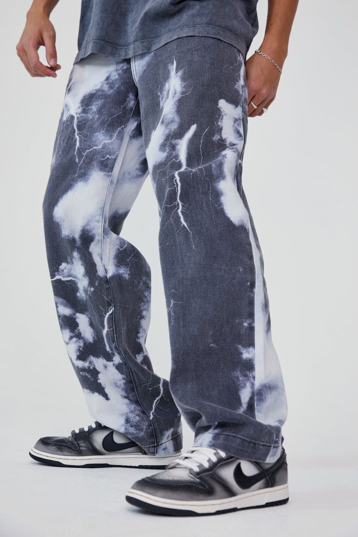 Black & White Lightning Cloud Print Skate Jeans sold by Jaded London