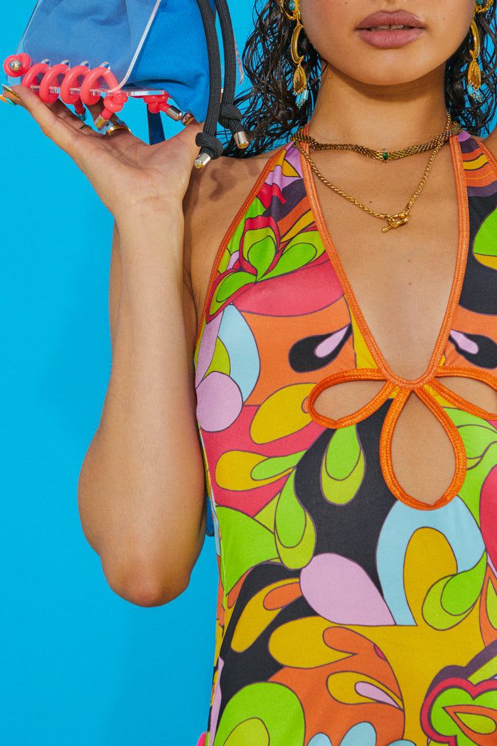 Vintage Geometric Print Plunge Halter Mini Dress with Keyhole Detail sold by Jaded London product image thumbnail 4