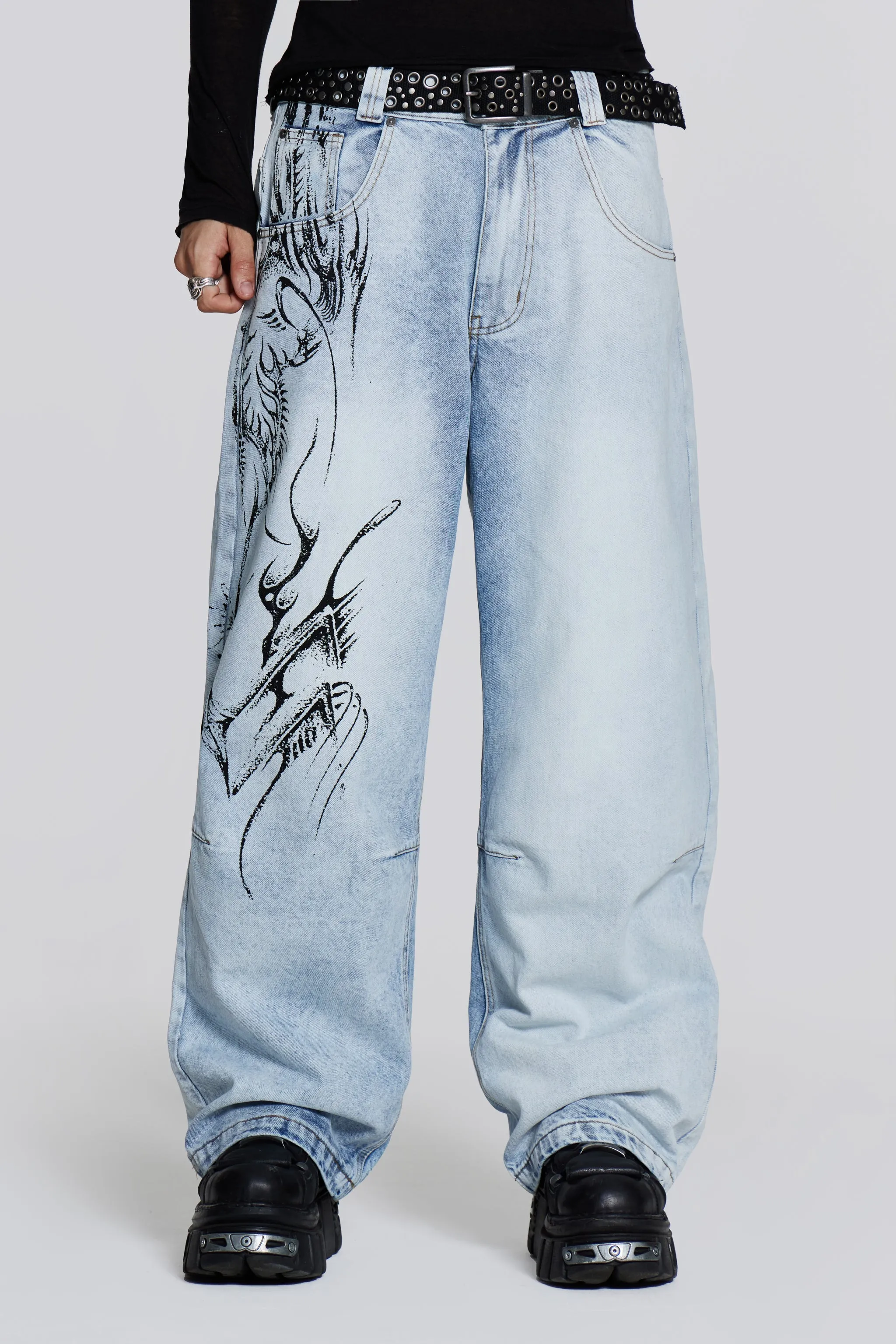 Blue Decal Colossus Jeans sold by Jaded London