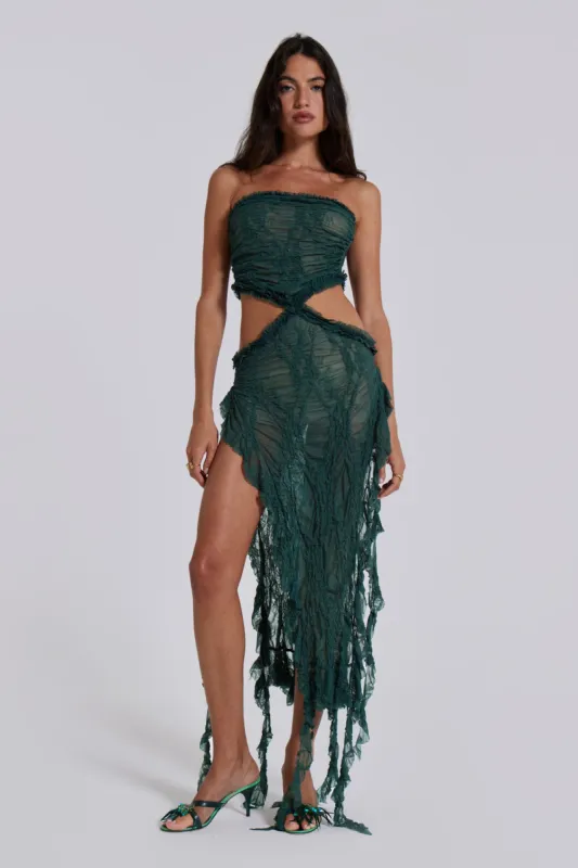Gaia Scrunch Lace Midi Dress in Forest Green sold by Jaded London