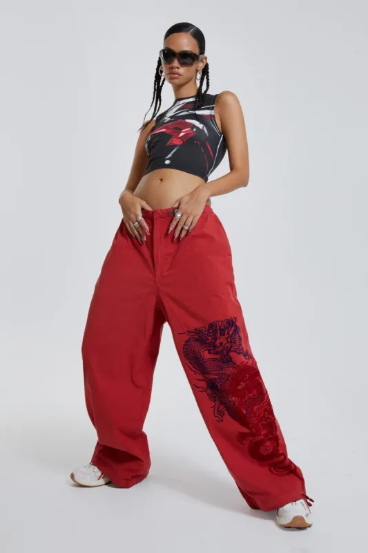 NY Dragon Flock Cargo Pants In Red sold by Jaded London