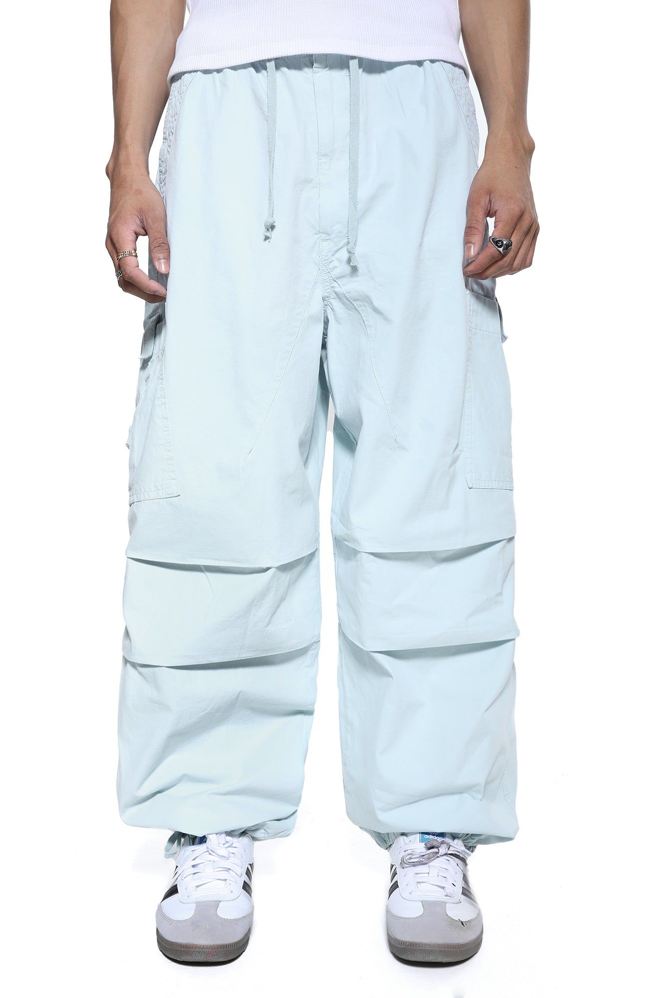 Powder Blue Parachute Cargo Pants sold by Jaded London