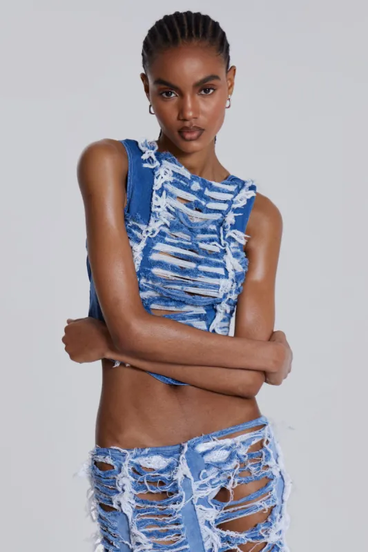 Shredded Denim High Neck Top sold by Jaded London