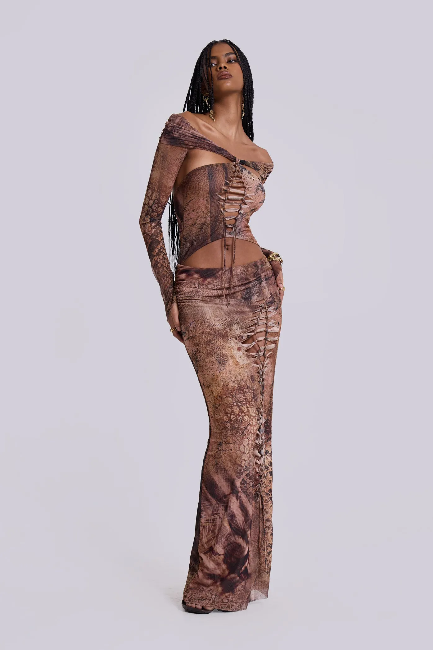 Dahna Macrame Mesh Maxi Dress sold by Jaded London