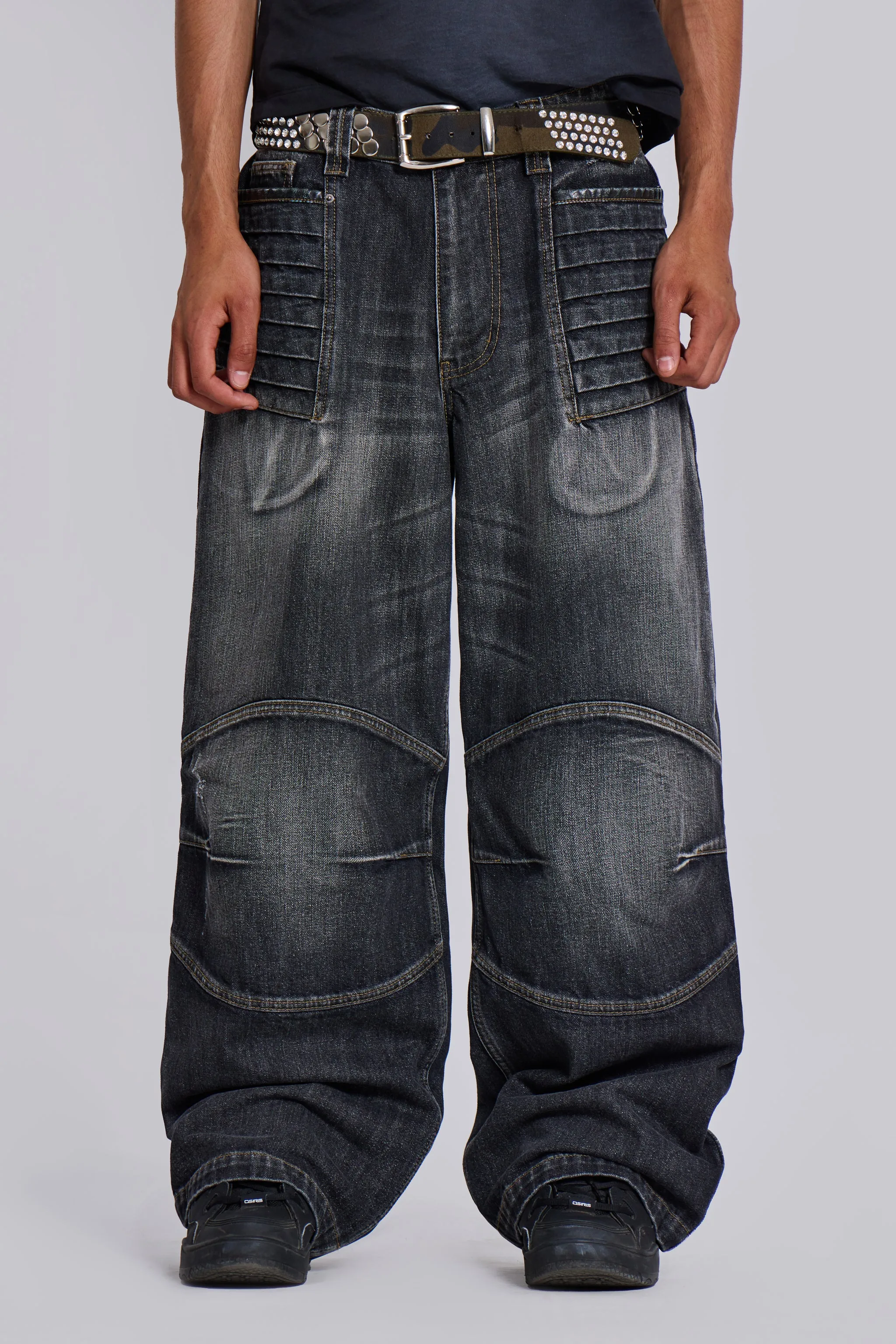 Washed Black Crash Biker Colossus Jeans sold by Jaded London