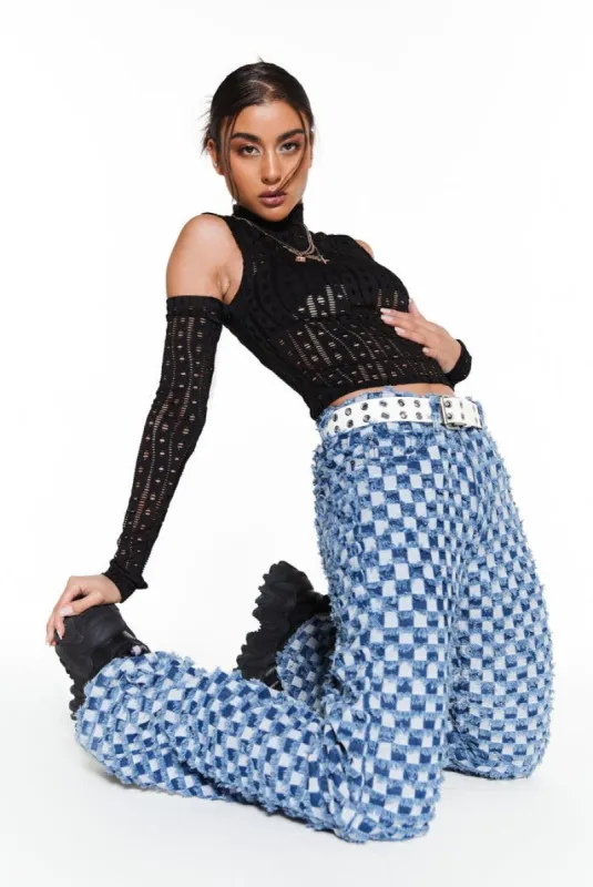 Blue Checkerboard Distressed Boyfriend Jeans sold by Jaded London