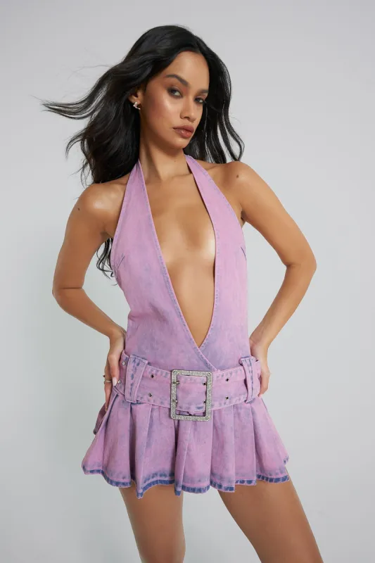 Malibu Plunge Denim Mini Dress sold by Jaded London