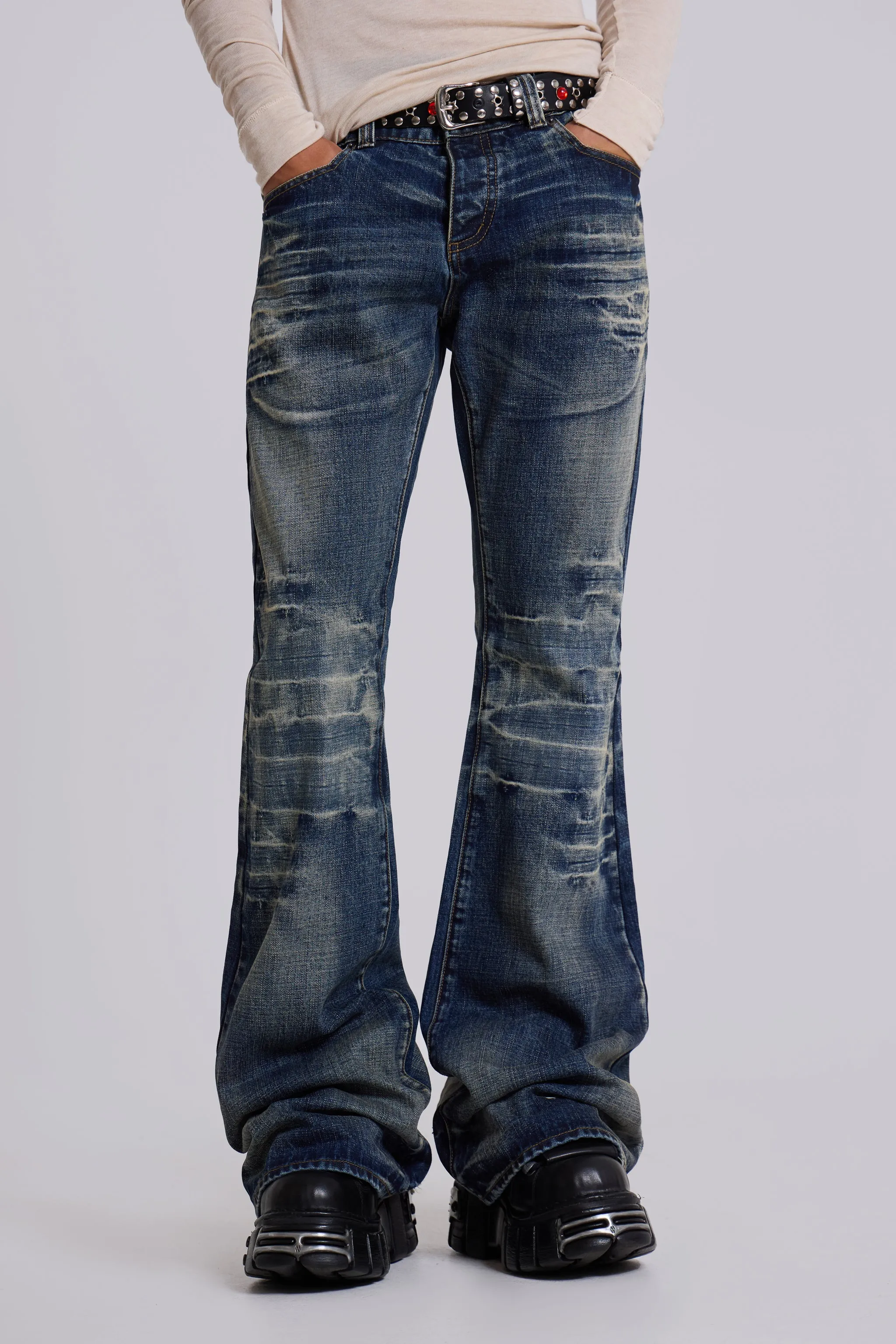 Mid Blue Drift Bootcut Jeans sold by Jaded London