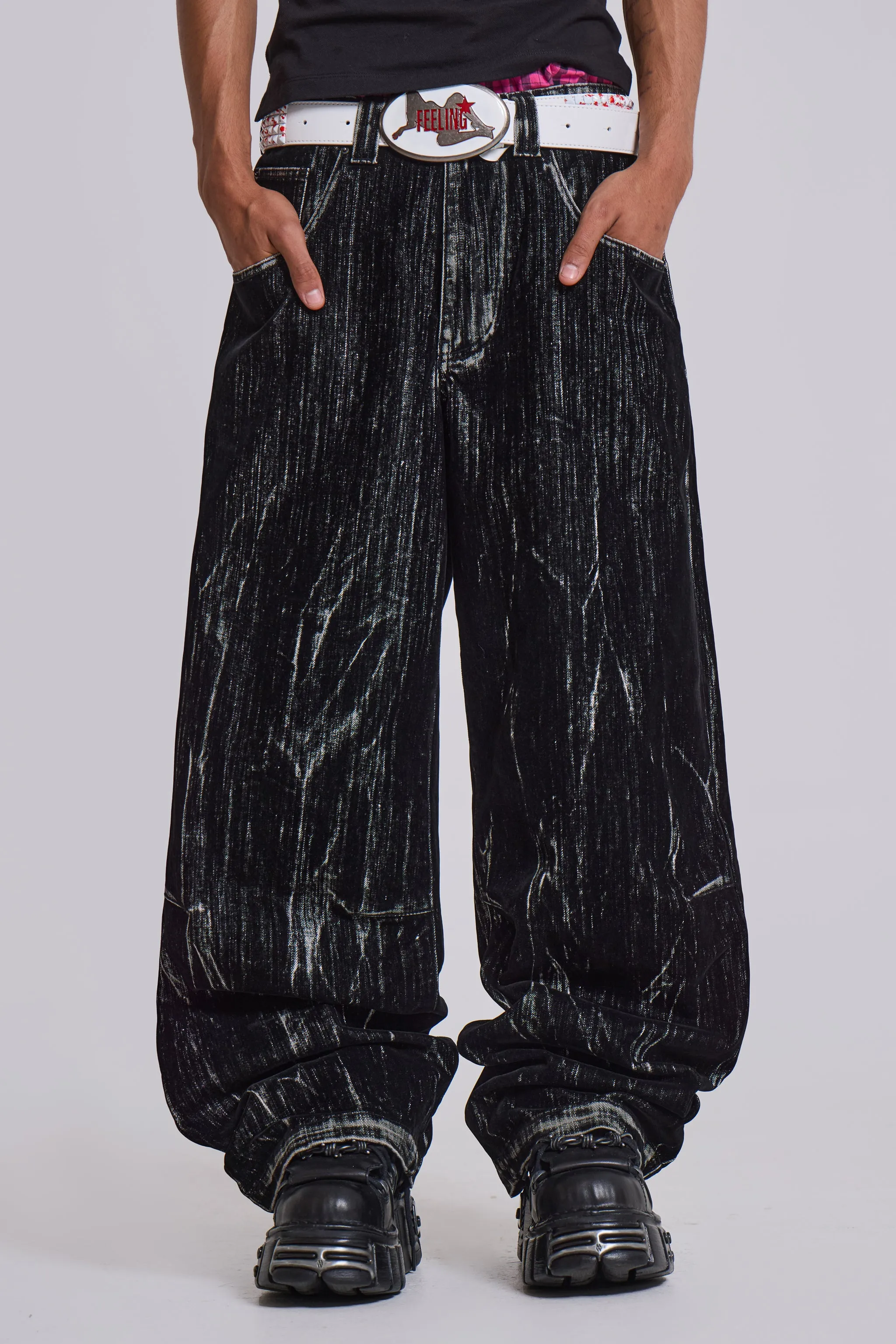 Black Flock Colossus Jeans sold by Jaded London