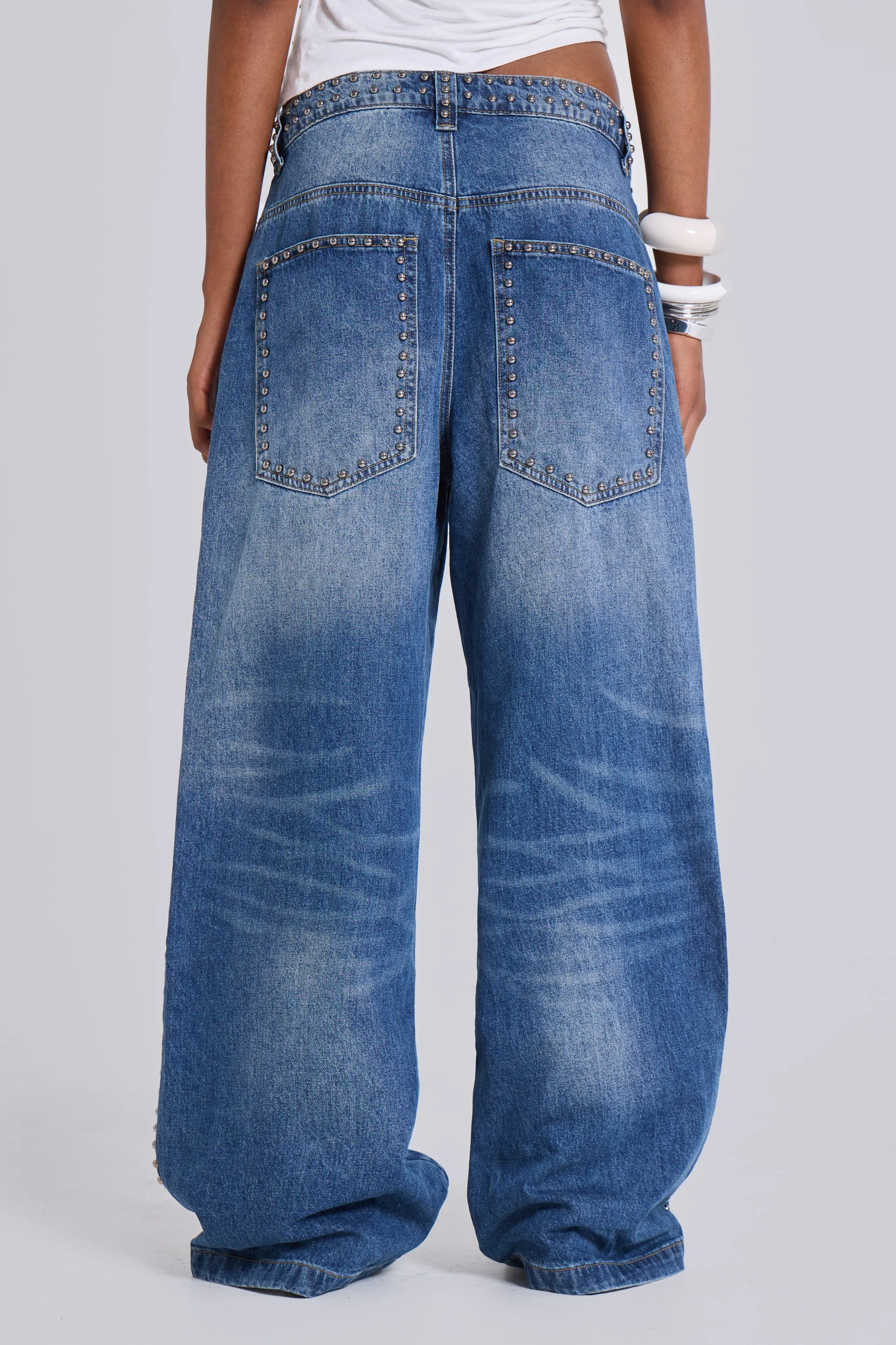 Nailed Studded Colossus Jeans in Mid Blue Wash sold by Jaded London product image thumbnail 2
