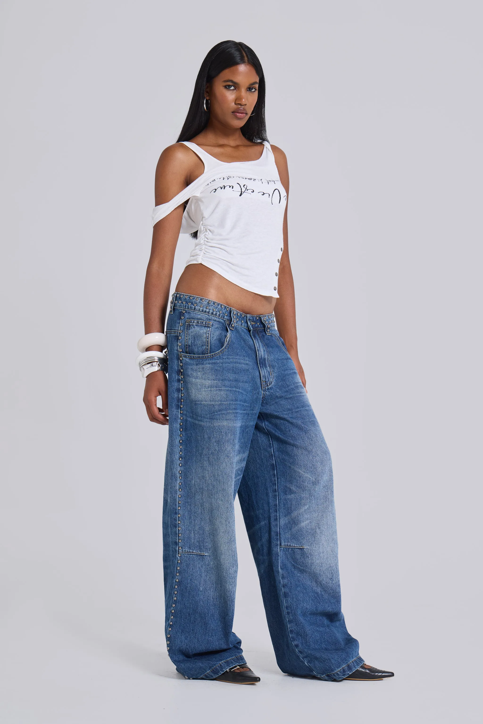 Nailed Studded Colossus Jeans in Mid Blue Wash sold by Jaded London product image thumbnail 4