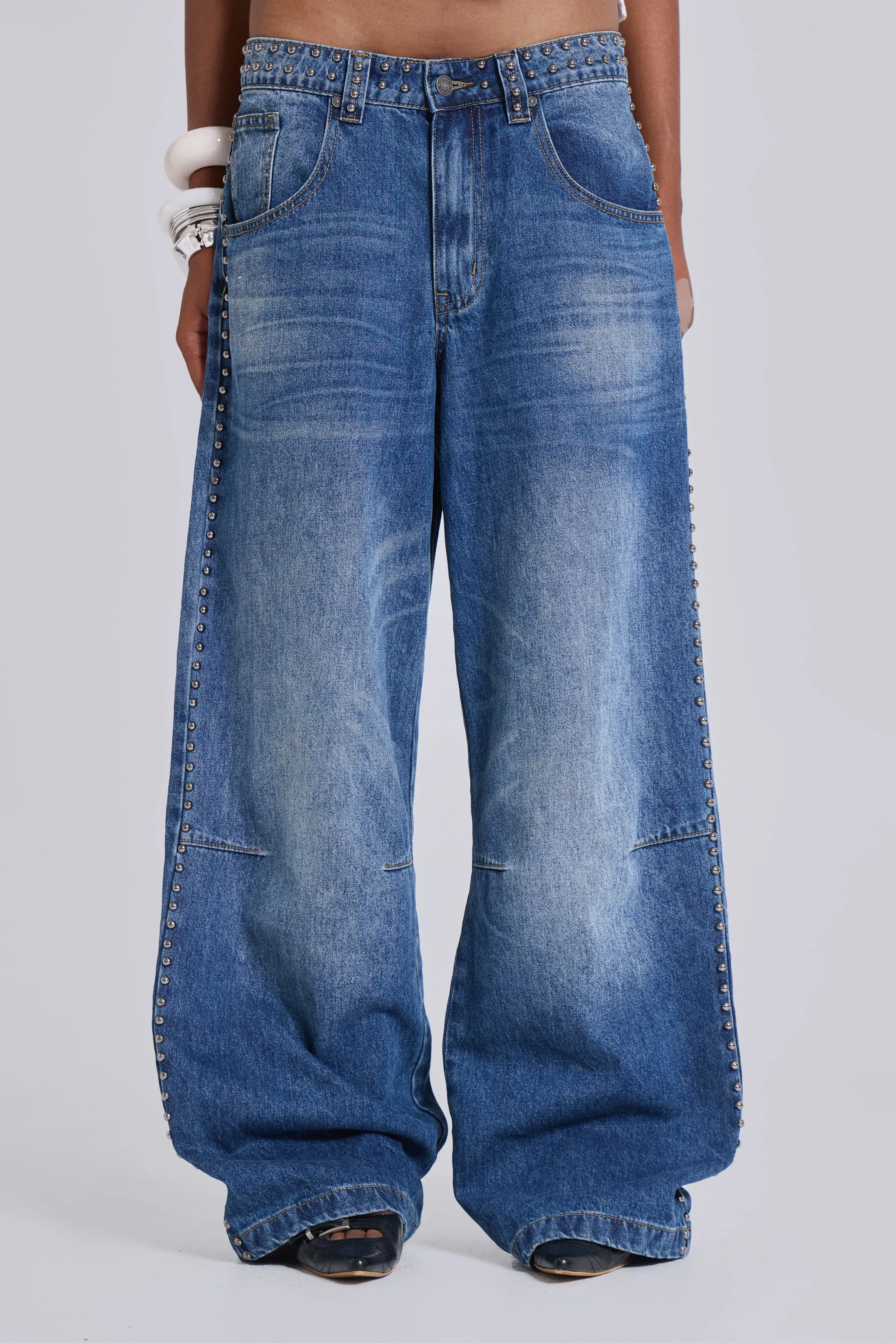 Nailed Studded Colossus Jeans in Mid Blue Wash sold by Jaded London