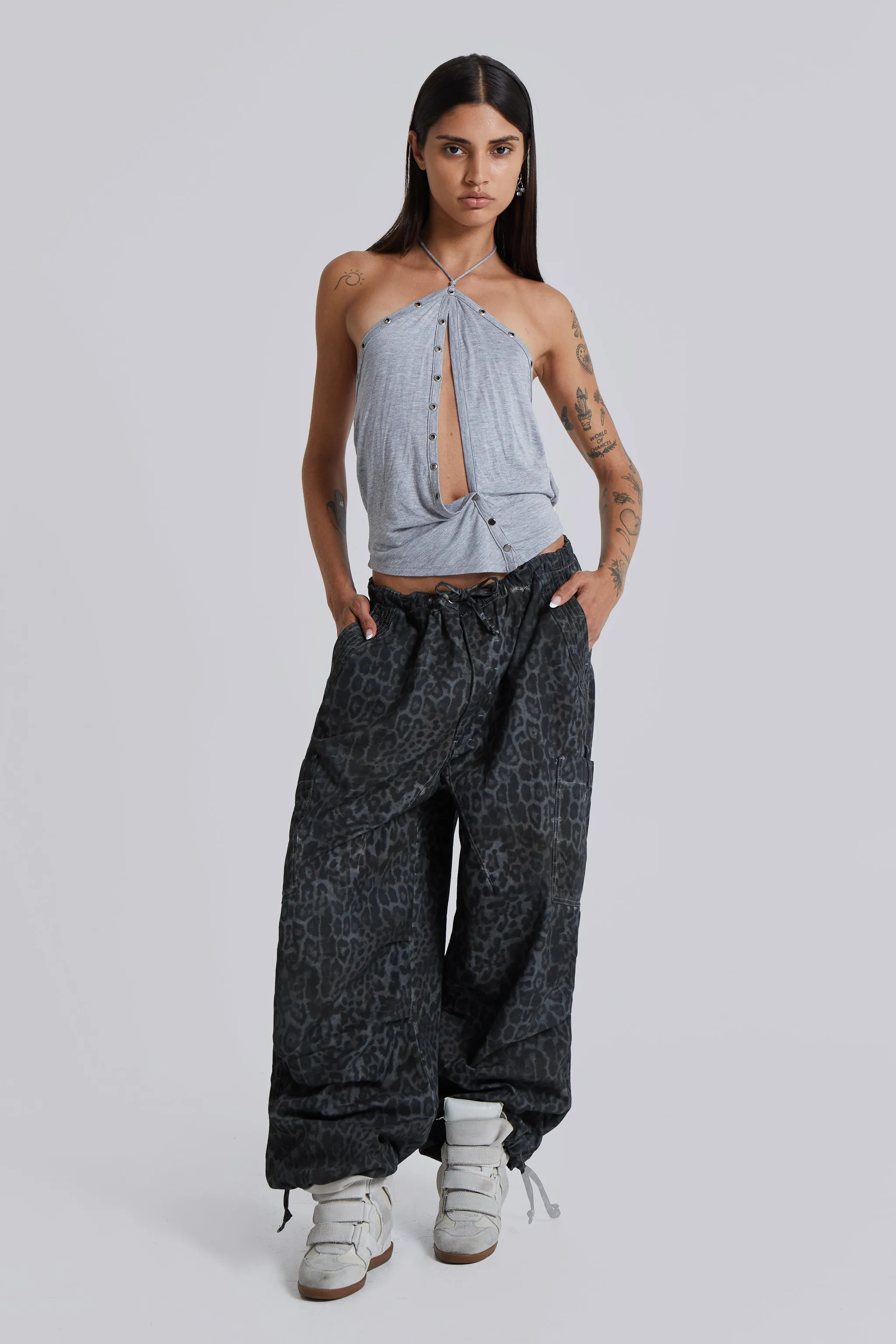 Charcoal Leopard Parachute Pants sold by Jaded London
