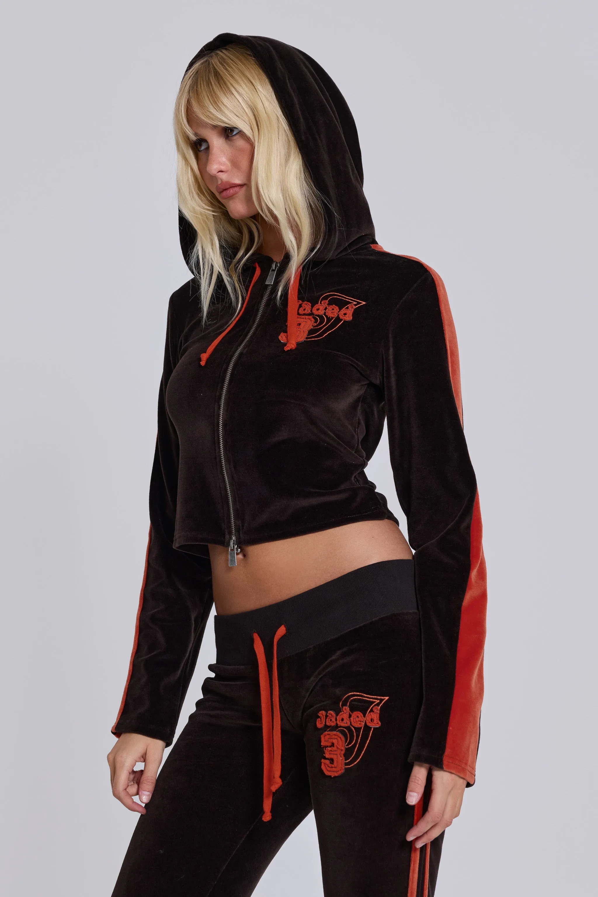 Brown Three Velour Fitted Hoodie sold by Jaded London