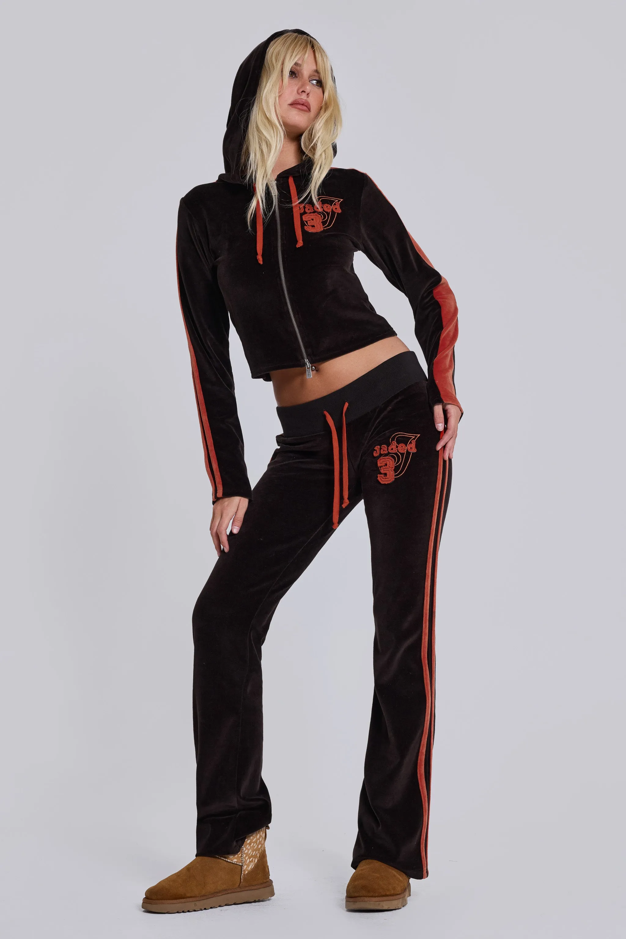 Brown Three Velour Low-rise Bootcut Trousers sold by Jaded London