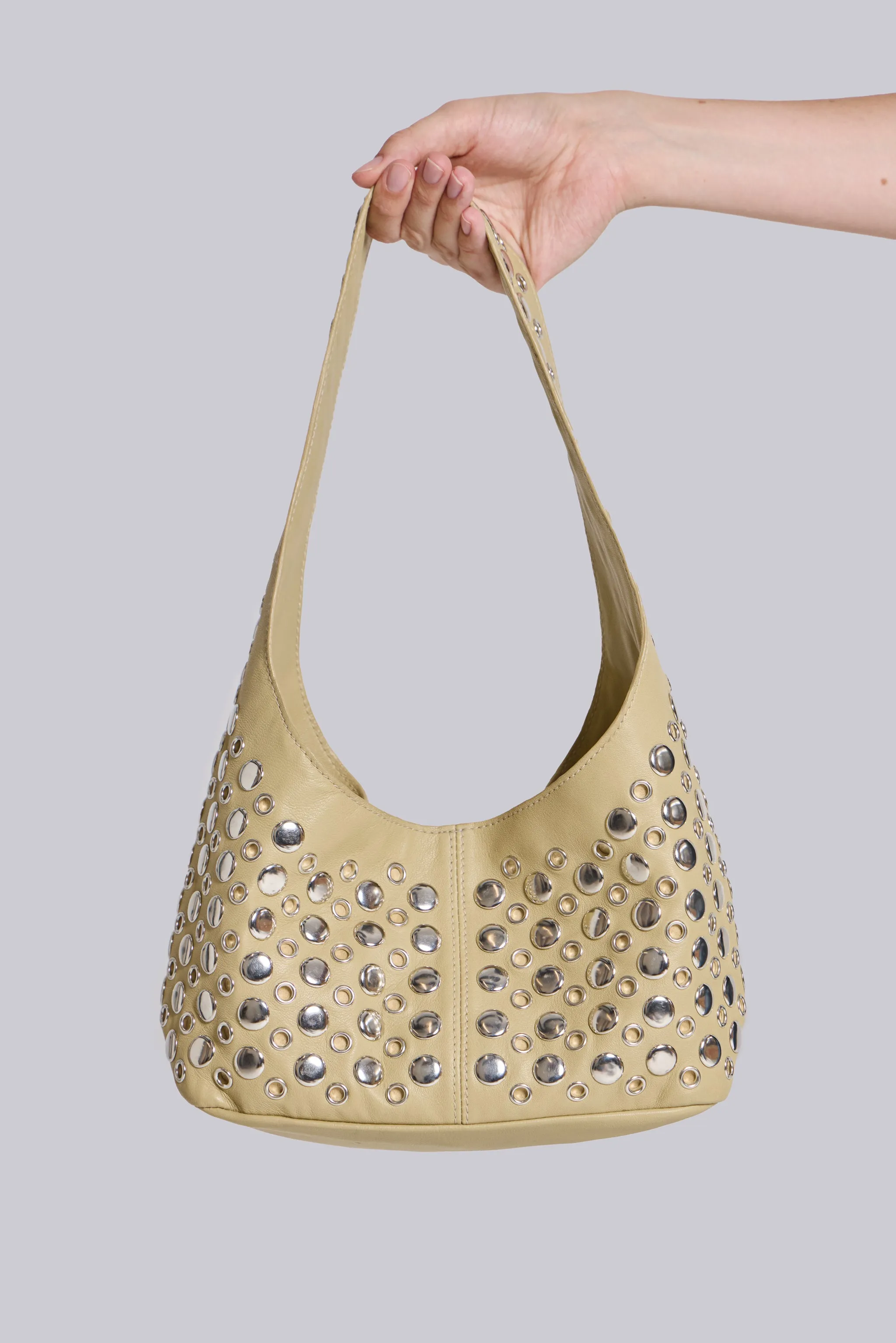 Osmium Studded Leather Bag in Cream sold by Jaded London