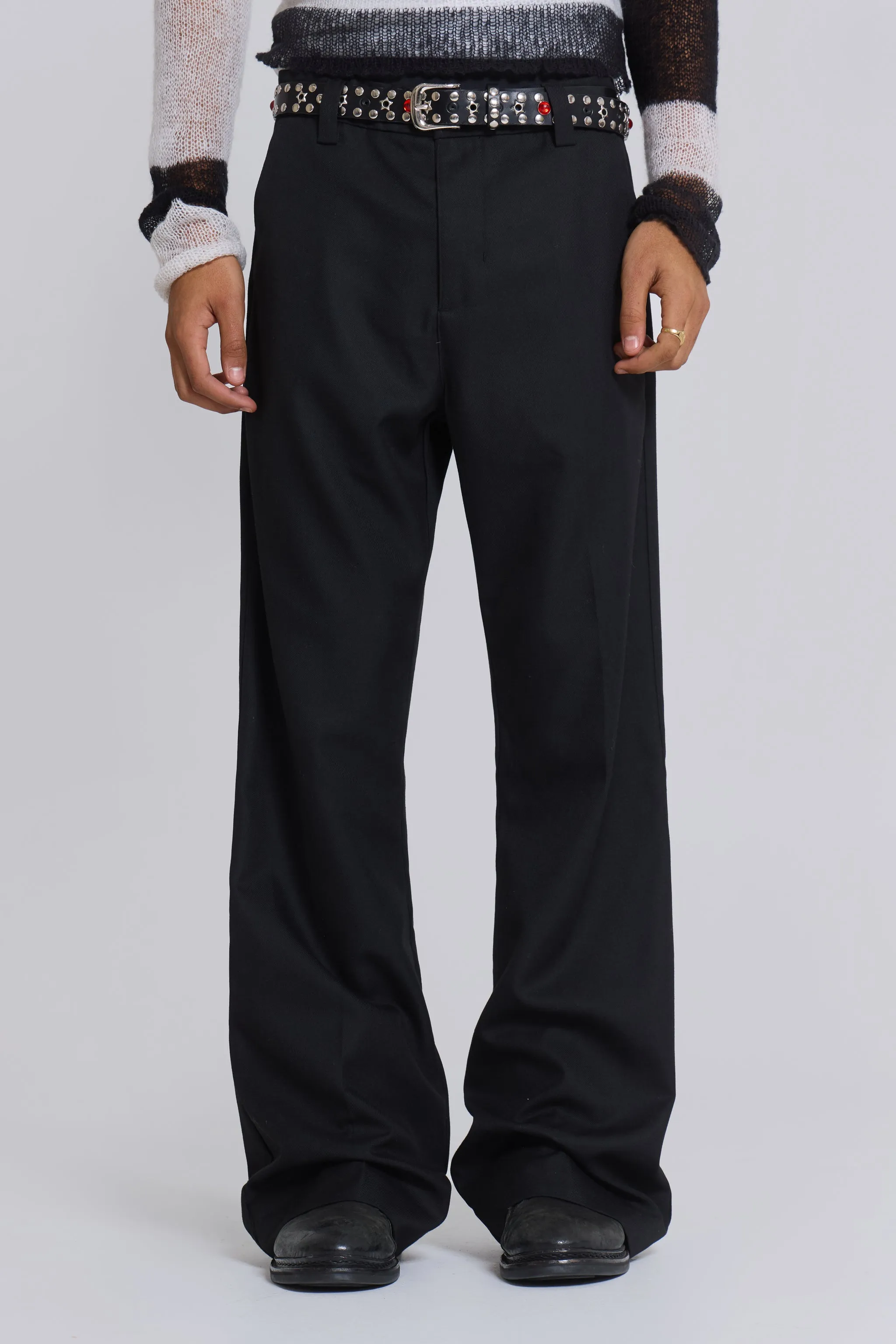 Black Stacked Bootcut Suit Pants sold by Jaded London