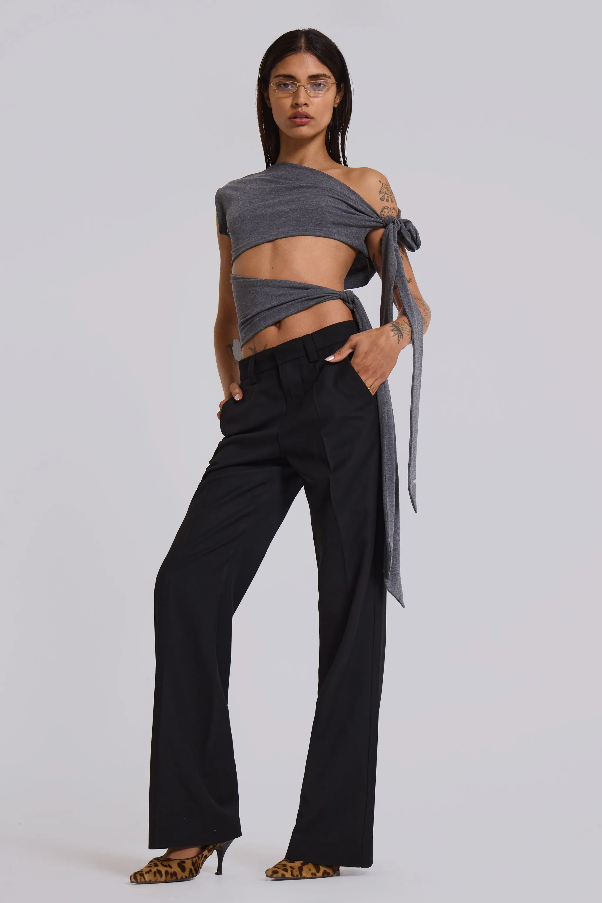 Black Stacked Bootcut Suit Pants sold by Jaded London