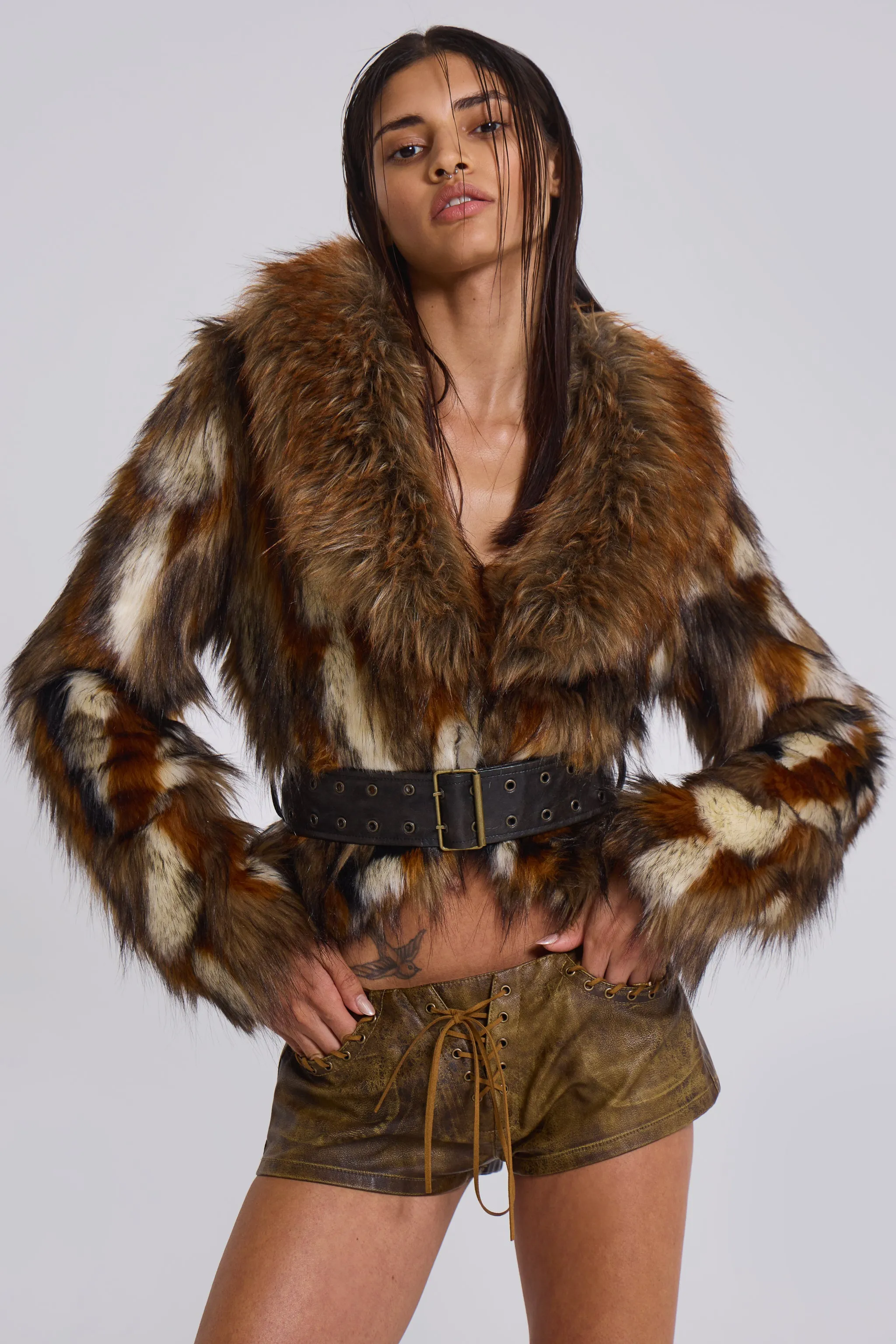 Mesconda Faux Fur Belted Jacket sold by Jaded London
