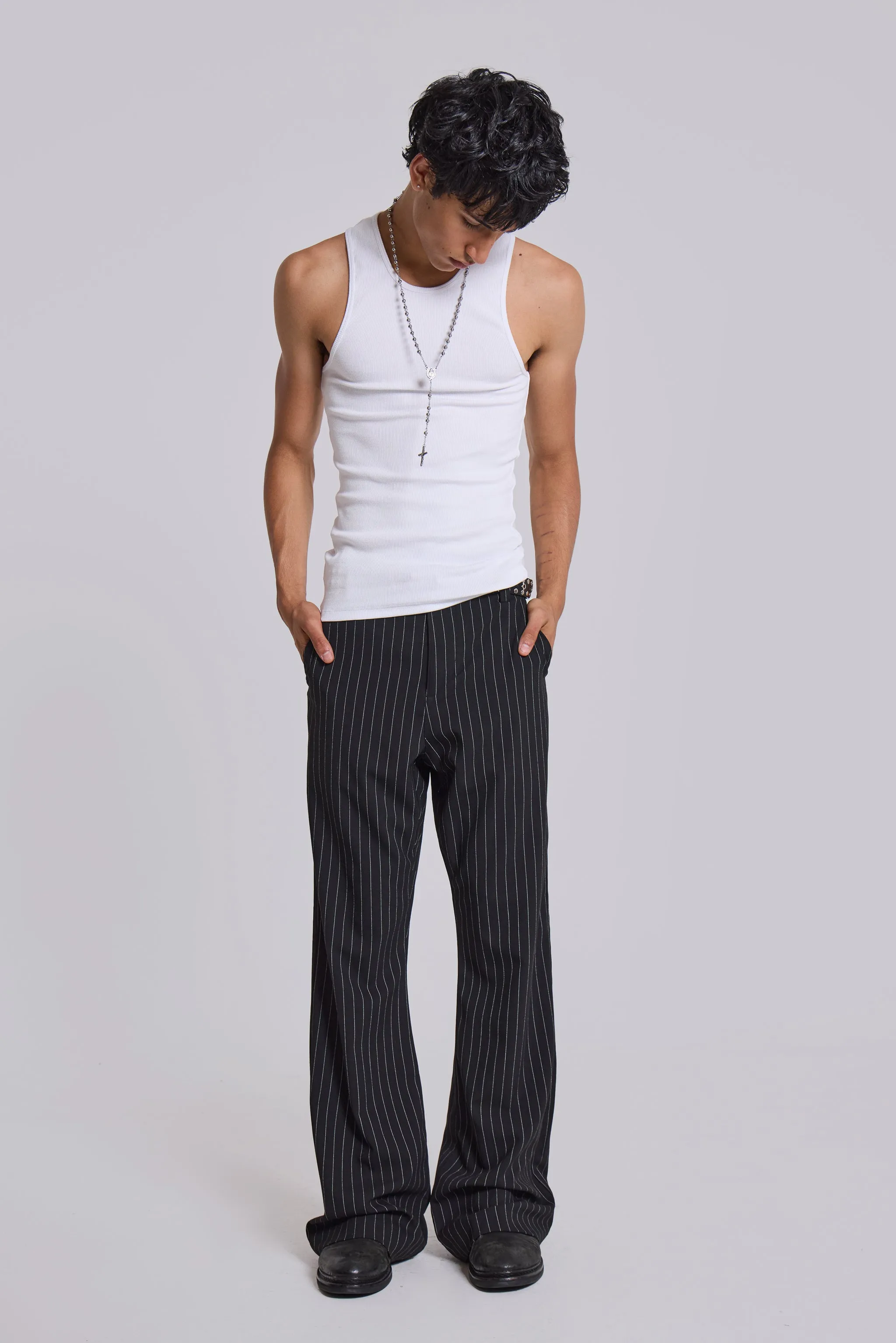 Black Pinstripe Stacked Bootcut Suit Pants sold by Jaded London product image thumbnail 3
